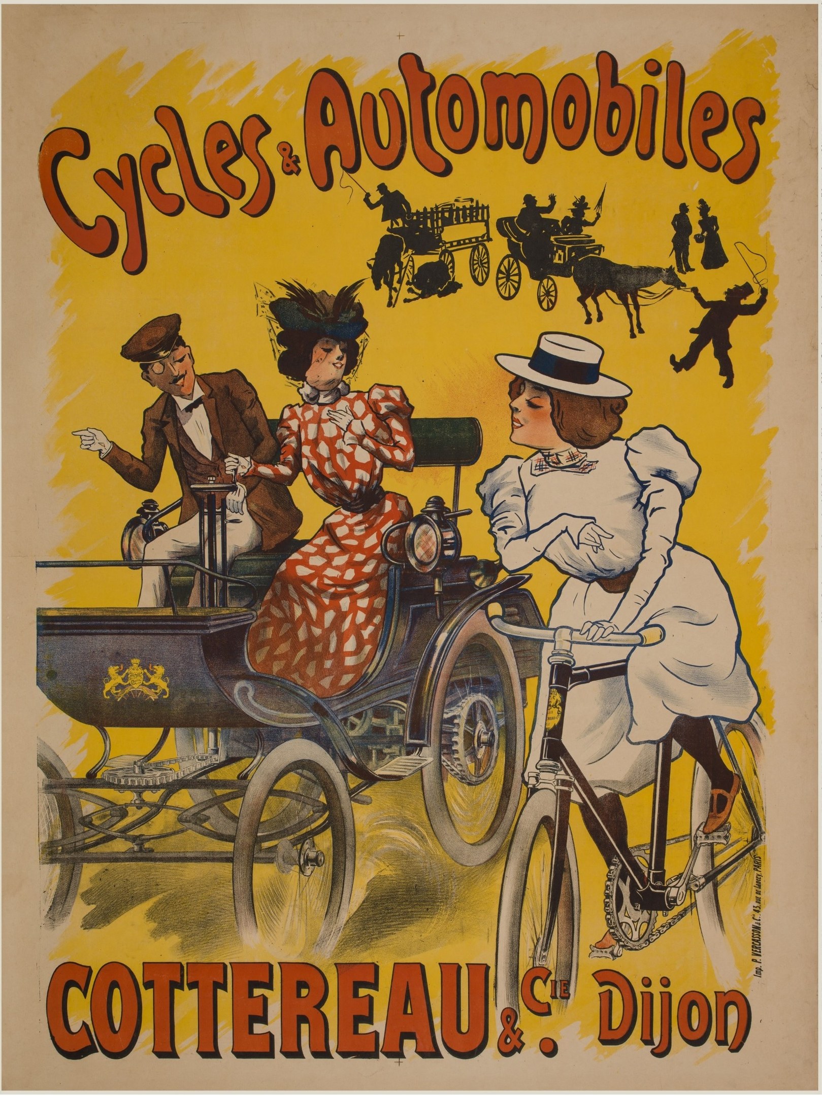 Plakat, das Fahrräder und Automobile in Cottereau und Dijon, Frankreich, bewirbt, mit Menschen, die Fahrräder fahren und eine Kutsche mit dem Text "Fahrräder und Automobile" oben.