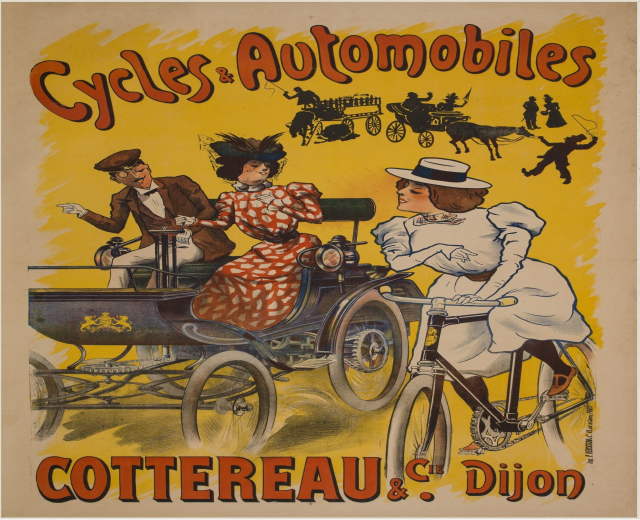 Plakat, das Fahrräder und Automobile in Cottereau und Dijon, Frankreich, bewirbt, mit Menschen, die Fahrräder fahren und eine Kutsche mit dem Text "Fahrräder und Automobile" oben.