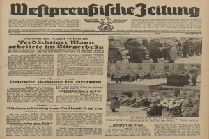 Titelseite einer deutschen Zeitung vom 13. November 1939 mit der Schlagzeile 'Weitpreubliche Zeitung', die eine Gruppe von Menschen in traditioneller deutscher Kleidung zeigt, die feierlich wirkt.