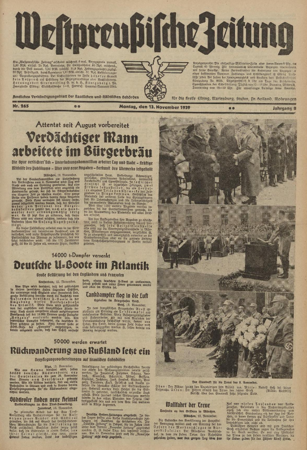 Titelseite einer deutschen Zeitung vom 13. November 1939 mit der Schlagzeile 'Weitpreubliche Zeitung', die eine Gruppe von Menschen in traditioneller deutscher Kleidung zeigt, die feierlich wirkt.