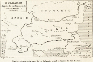 Ein detailliertes 19. Jahrhundert-Karte Bulgariens, die Städte, Flüsse und geografische Merkmale zeigt, mit begleitendem Text, der zusätzliche Informationen bereitstellt.