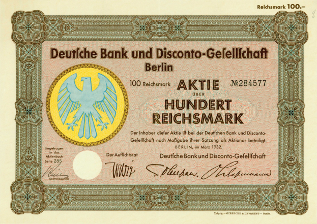 Alte deutsche Banknote mit einem Vogelmotiv und der Aufschrift "Deutsche Bank und Disconto-Gesellschaf Berlin".