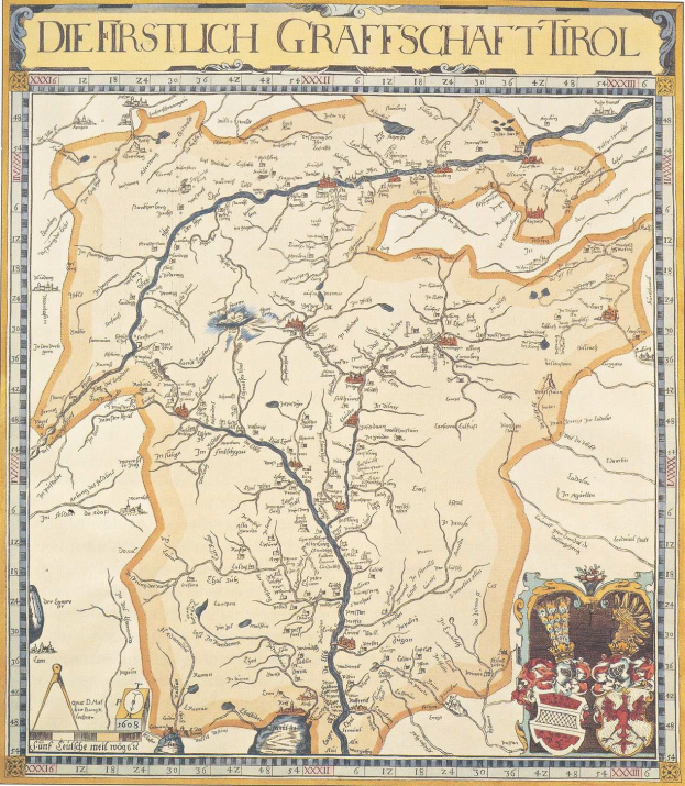 Ein detailliertes historisches Plakat der ersten Grafschaft Tirol mit einer Karte, die geografische Merkmale wie Flüsse, Berge und Städte zeigt, sowie erklärenden Text über die Region und ihre Einwohner.