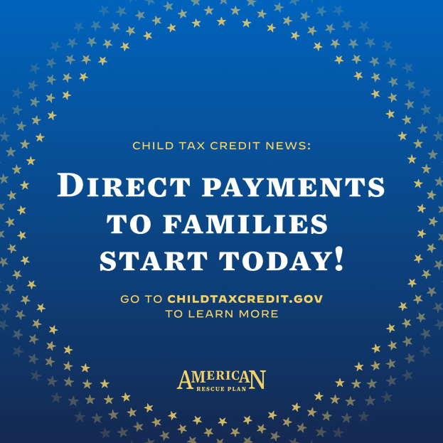 Plakat, das "Direkte Zahlungen an Familien starten heute" ankündigt, mit einem sternförmigen Design.