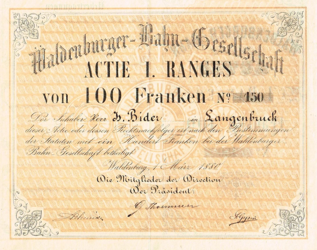 Alte deutsche Banknote mit einem Mann darauf, mit dem Text "Haldenburger-Balm Gesellschaft Actie 1 Ranges".