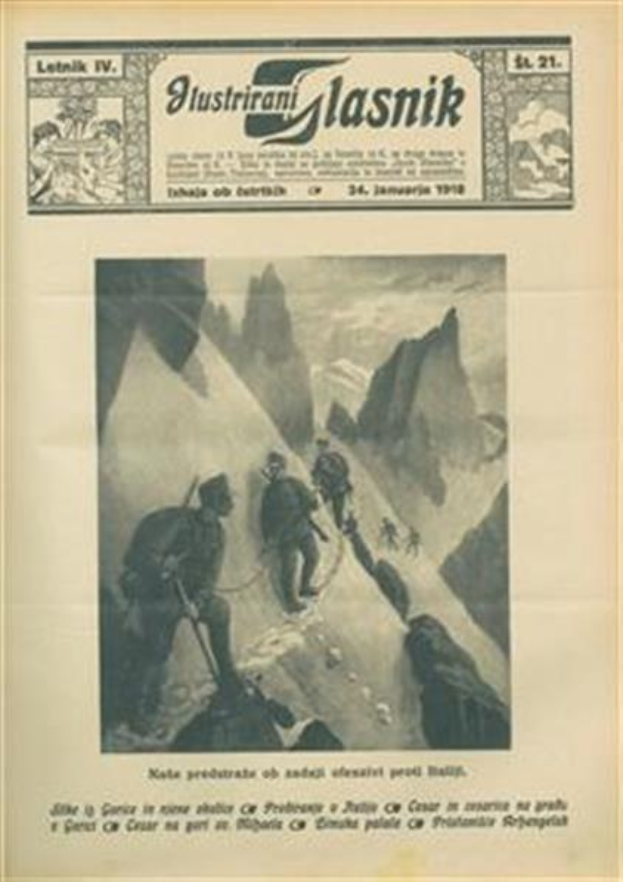Schwarz-weiß-Bild einer alten Zeitung mit der Überschrift "Glasnik, Januar 1918" mit einem Foto einer Gruppe von Menschen mit Rucksäcken, die einen Berg besteigen.