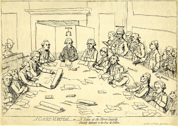 Ein Bild aus einem Gerichtssaal mit einer Gruppe von Menschen, wahrscheinlich Anwälten, die um einen langen Tisch sitzen, der mit Papieren und anderen Gegenständen bedeckt ist, mit Text am unteren Rand des Bildes.