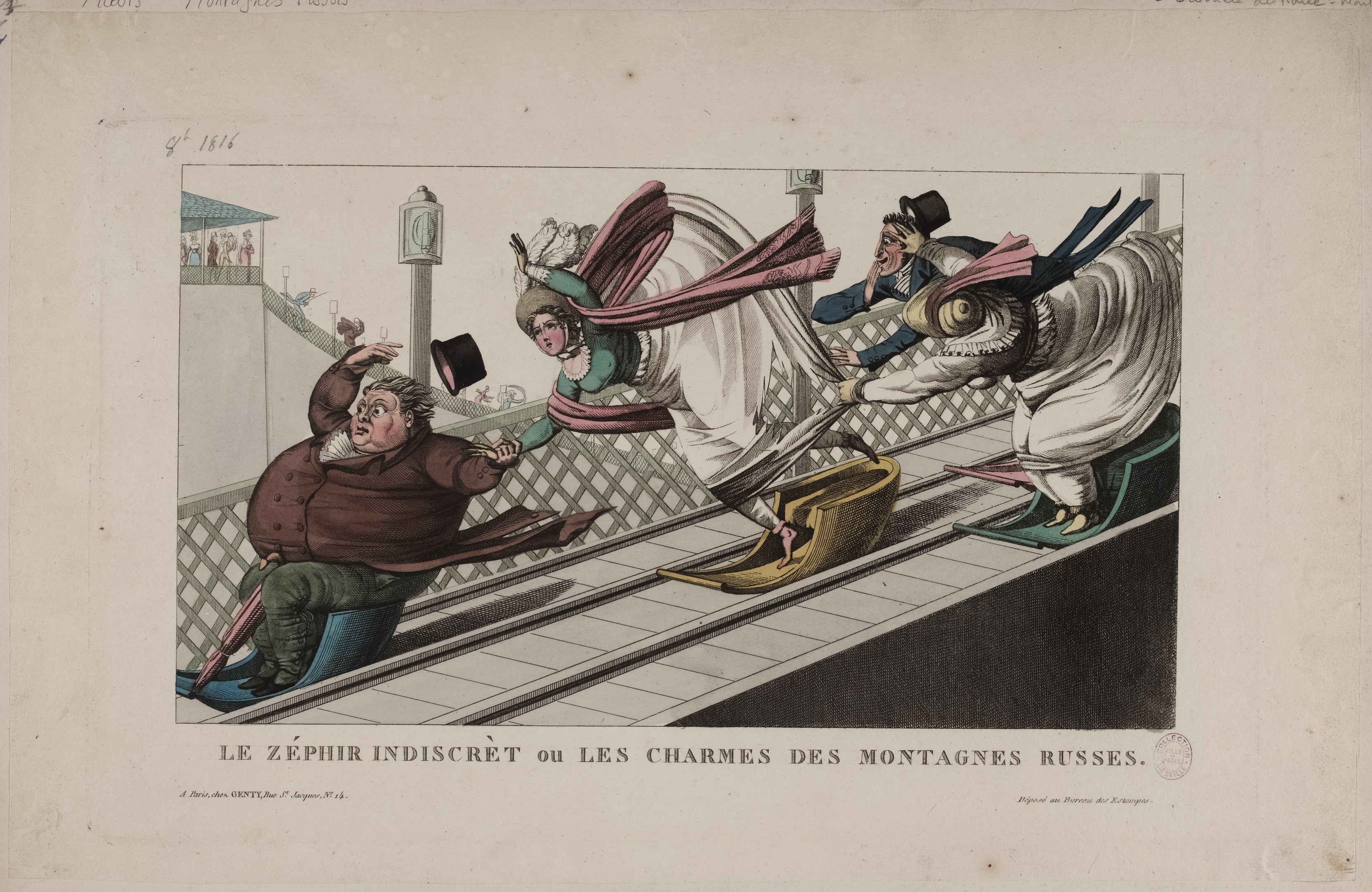 Eine handgezeichnete Abbildung auf Papier zeigt einen verzweifelten Mann und eine Frau auf einem Bahngleis, wobei der Mann gequält das Gesicht verzieht und die Frau mit weit aufgerissenen Augen dasteht, begleitet von fett gedrucktem Text.