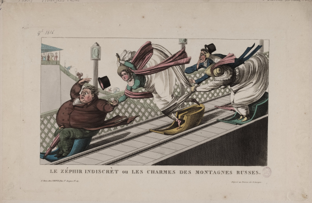 Eine handgezeichnete Abbildung auf Papier zeigt einen verzweifelten Mann und eine Frau auf einem Bahngleis, wobei der Mann gequält das Gesicht verzieht und die Frau mit weit aufgerissenen Augen dasteht, begleitet von fett gedrucktem Text.